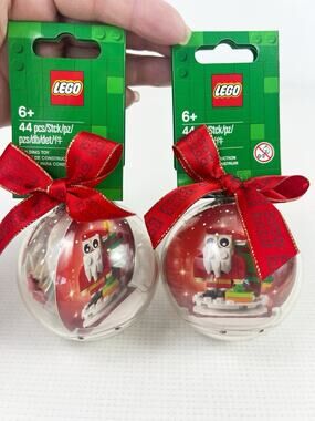 Two LEGO 854037 Christmas Ball Ornament 44 pc Santa Claus Holiday Retired Set